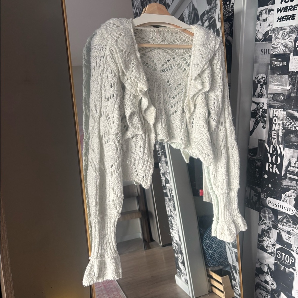 Free People Cream Open-Knit Ruffle Cardigan